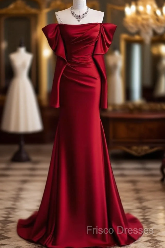 Mermaid Off The Shoulder Burgundy Long Satin Formal Prom Dress