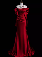 Mermaid Off The Shoulder Burgundy Long Satin Prom Dresses