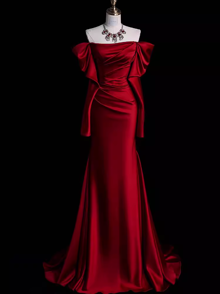 Mermaid Off The Shoulder Burgundy Long Satin Prom Dresses
