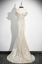Mermaid Off The Shoulder Floor Length Prom Dress, Shiny Champagne Evening Party Dress