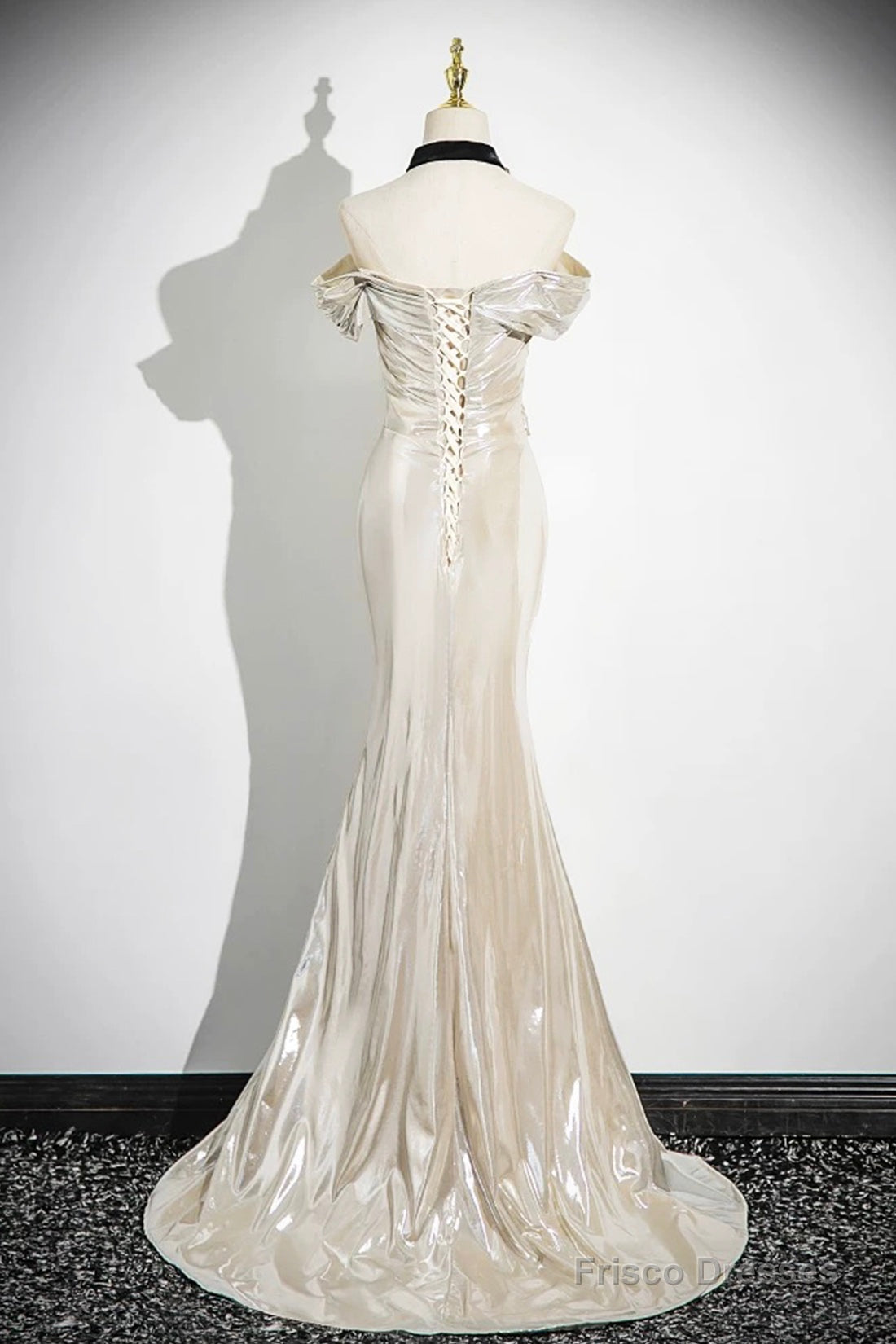 Mermaid Off The Shoulder Floor Length Prom Dress, Shiny Champagne Evening Party Dress