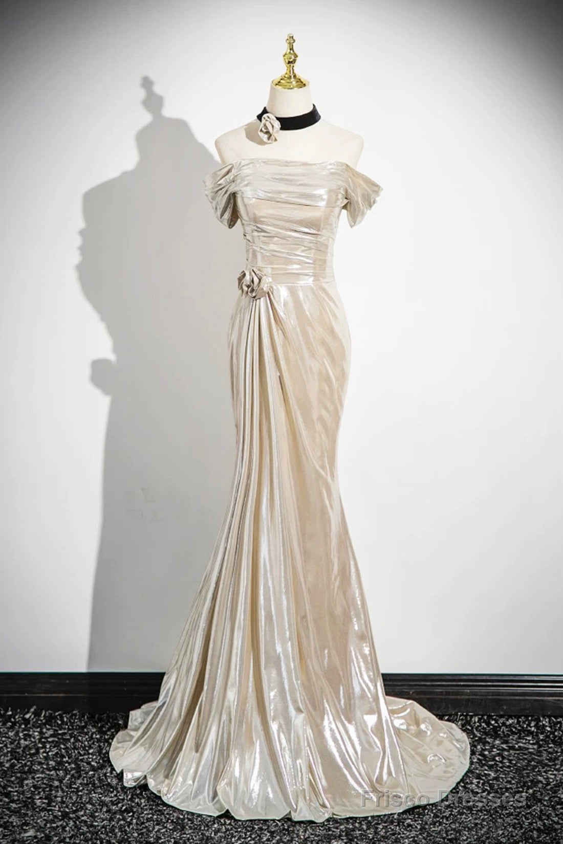 Mermaid Off The Shoulder Floor Length Prom Dress, Shiny Champagne Evening Party Dress