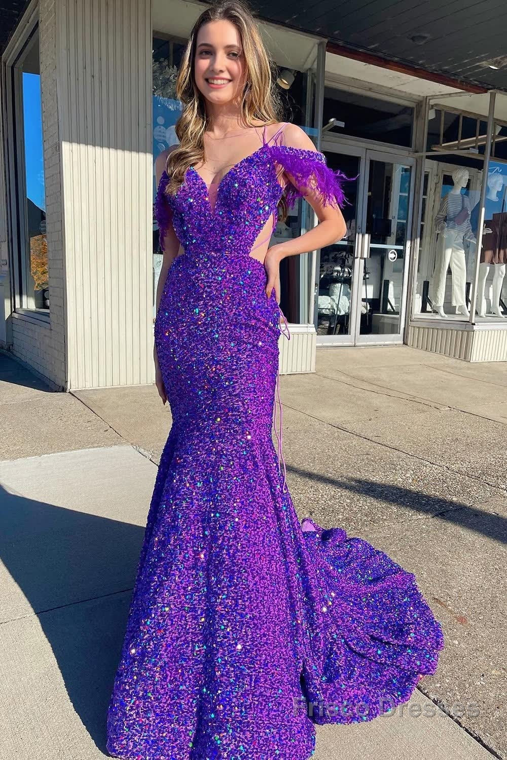 Mermaid Off the Shoulder Purple Sequins Cut Out Prom Dress with Feathers Main image