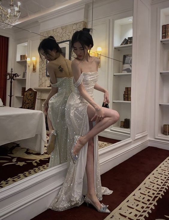 Mermaid Off The Shoulder Sequin Floor Length Prom Dress With Slit 21St Birthday Outfit Main image