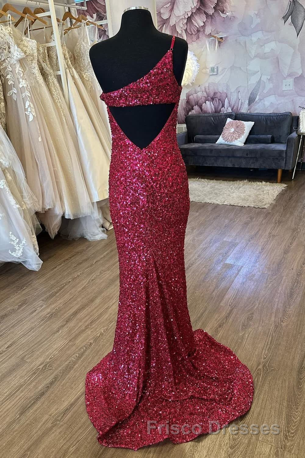 Mermaid One Shoulder Burgundy Sequins Long Formal Prom Dress with Split Front Secondary image