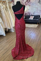 Mermaid One Shoulder Burgundy Sequins Long Formal Prom Dress with Split Front