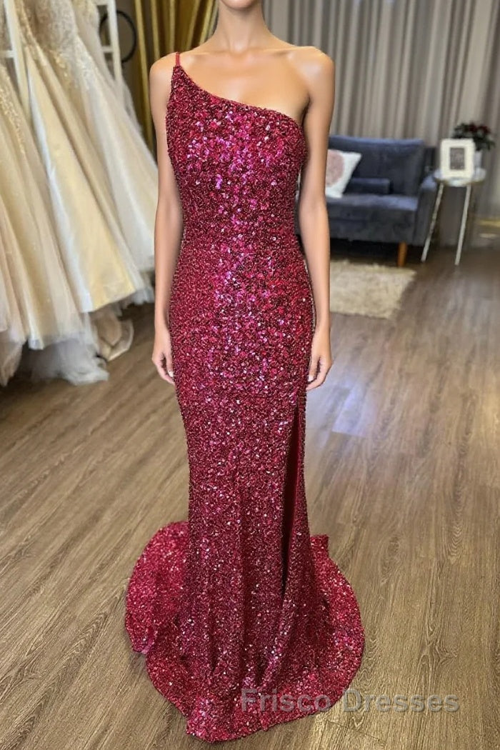 Mermaid One Shoulder Burgundy Sequins Long Formal Prom Dress with Split Front