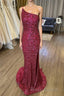 Mermaid One Shoulder Burgundy Sequins Long Formal Prom Dress with Split Front