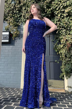 Mermaid One Shoulder Fuchsia Sequins Prom Dress with Slit