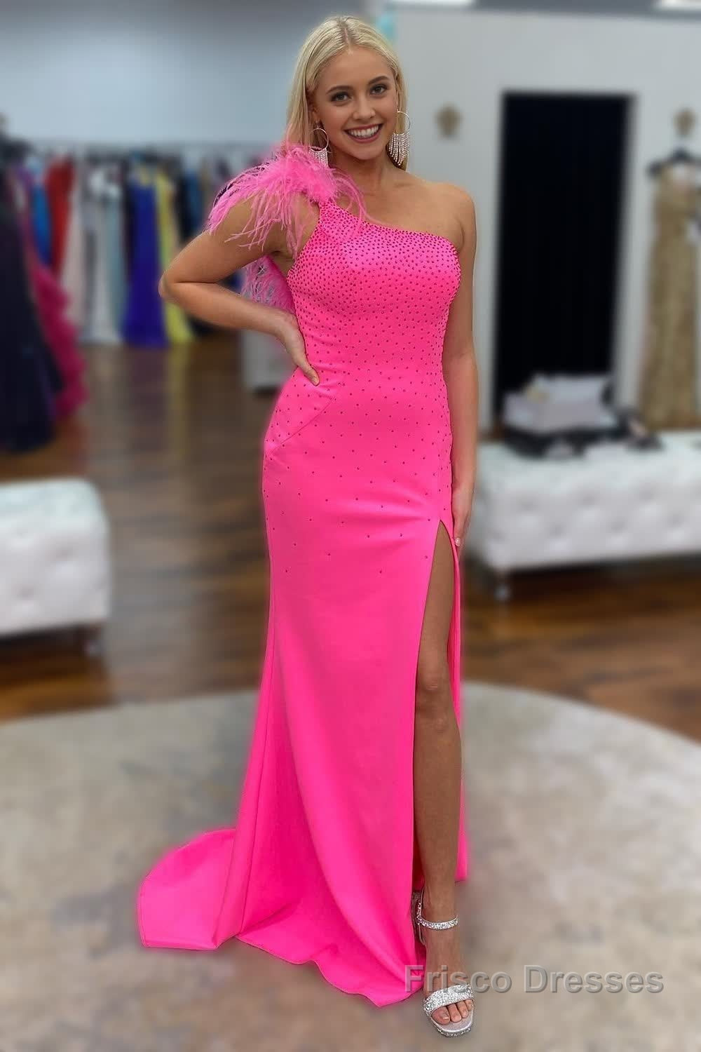 Mermaid One Shoulder Hot Pink Long Prom Dress with Feathers Main image