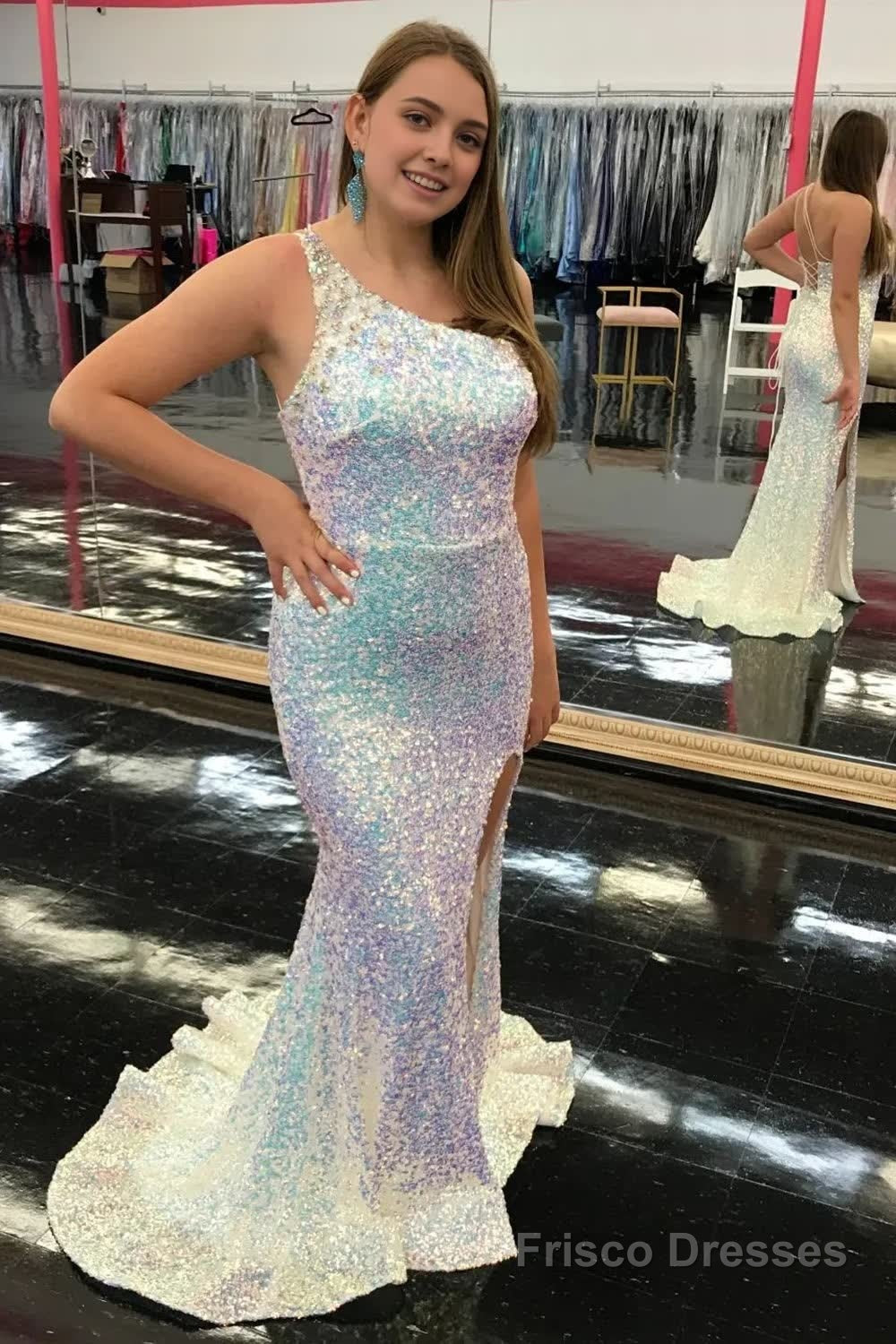 Mermaid One Shoulder Light Blue Sequins Long Prom Dress with Silt Main image