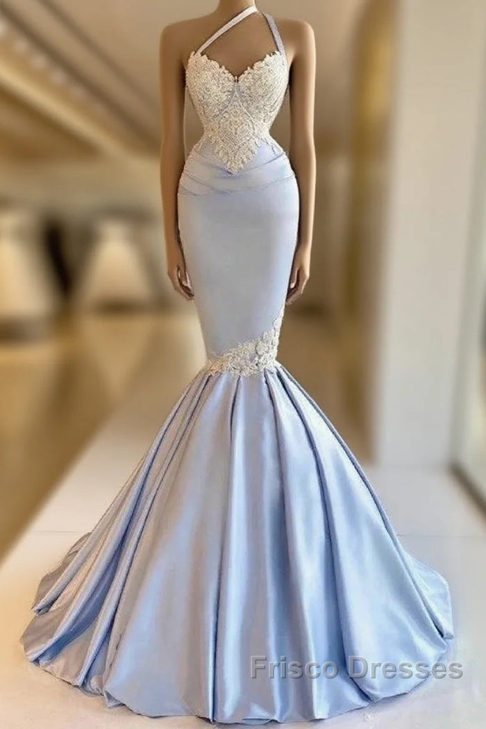 Mermaid One Shoulder Satin Beaded Long Formal Prom Dress Sequin Appliqu Evening Dress Main image