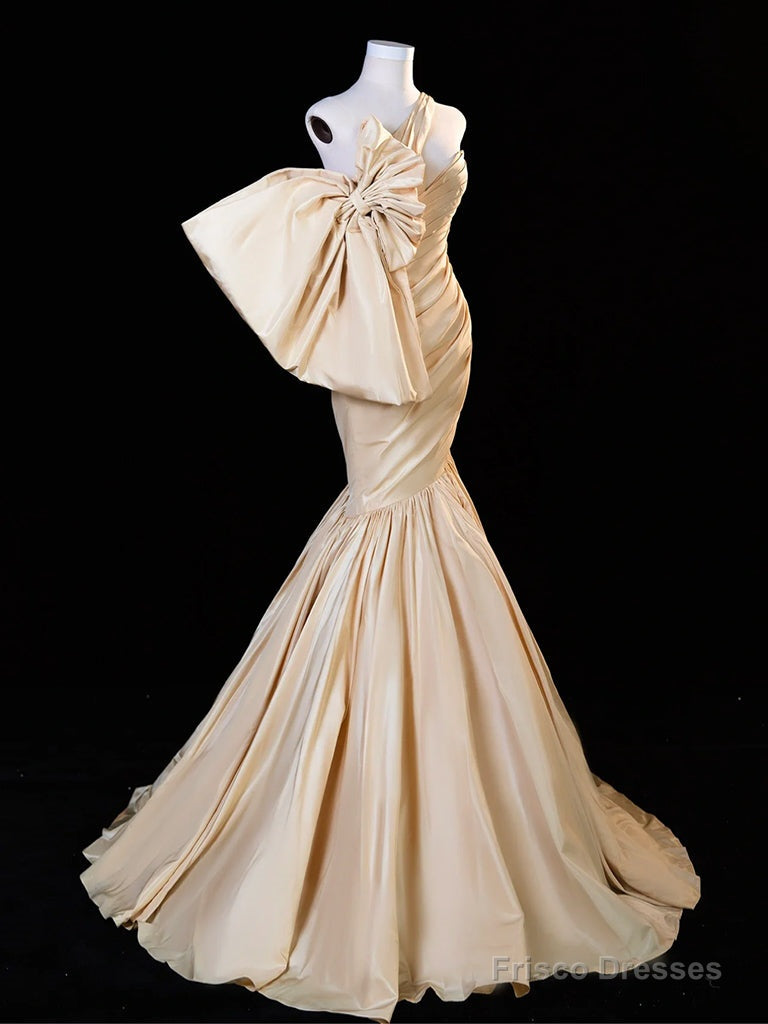 Mermaid One Shoulder Satin Champagne Long Prom Dress, Champagne Long Evening Dress Secondary image
