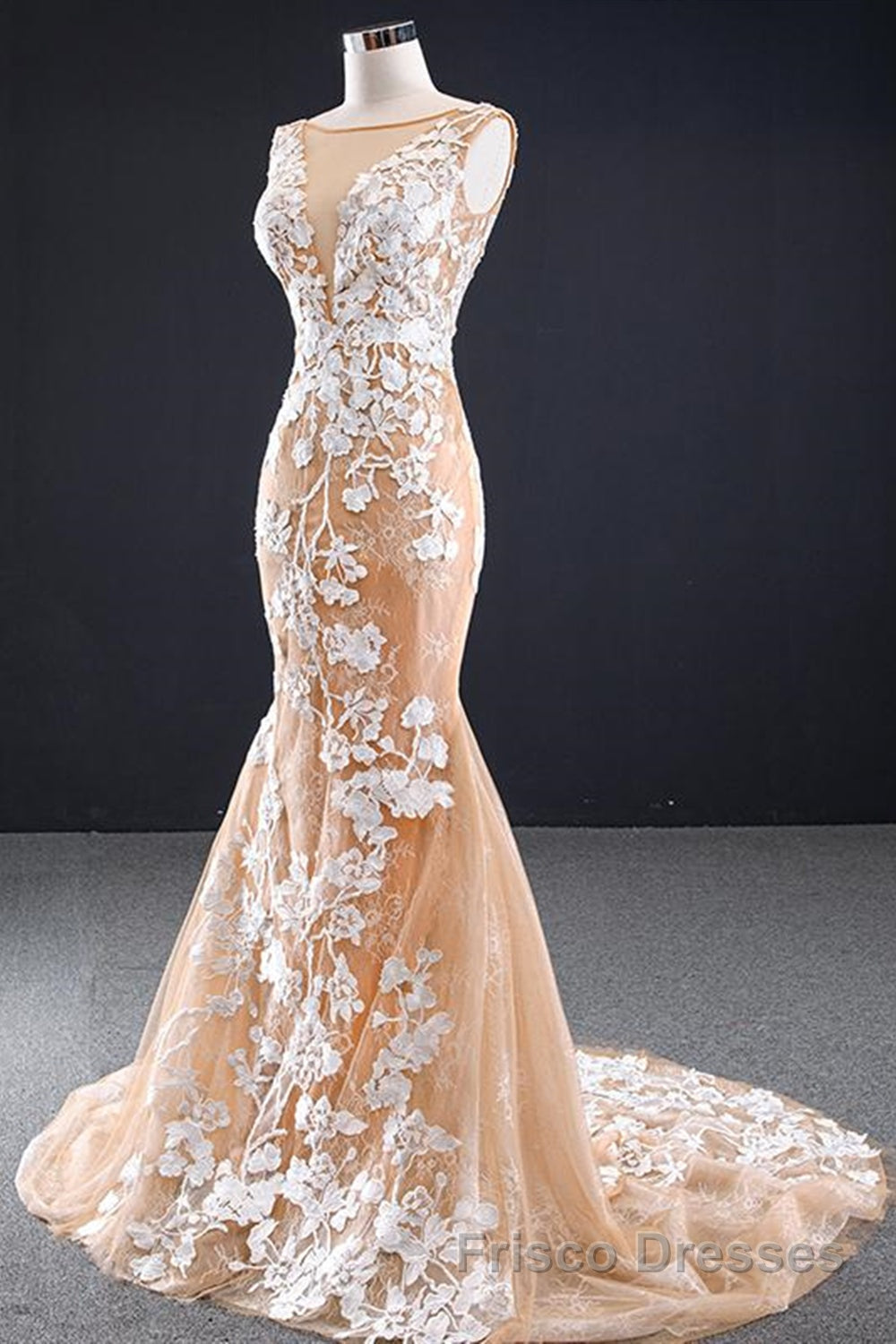 Mermaid Open Back Champagne Lace Long Formal Prom Dresses, Champagne Lace Formal Dresses, Champagne Evening Dresses Secondary image