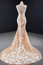 Mermaid Open Back Champagne Lace Long Formal Prom Dresses, Champagne Lace Formal Dresses, Champagne Evening Dresses