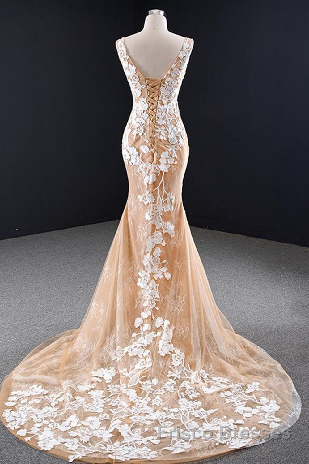 Mermaid Open Back Champagne Lace Long Formal Prom Dresses, Champagne Lace Formal Dresses, Champagne Evening Dresses