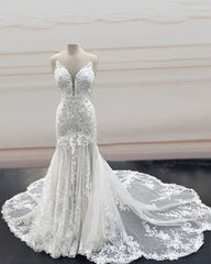 Mermaid Open Back Wedding Dress Sweep Train Appliques