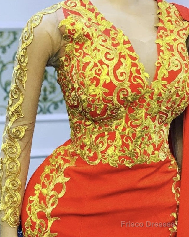 Mermaid Orange Prom Dresses Gold Lace Long Sleeves Secondary image