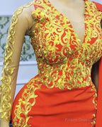 Mermaid Orange Prom Dresses Gold Lace Long Sleeves