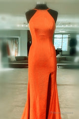 Mermaid Orange Prom Dresses Halter Neck Split