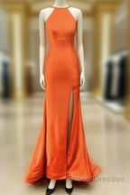 Mermaid Orange Formal Prom Dress Halter Neck Split