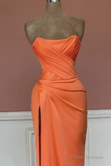 Mermaid Orange Satin Strapless Split Gown