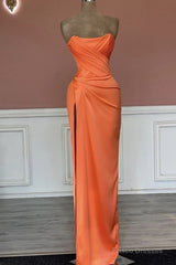 Mermaid Orange Satin Strapless Split Gown