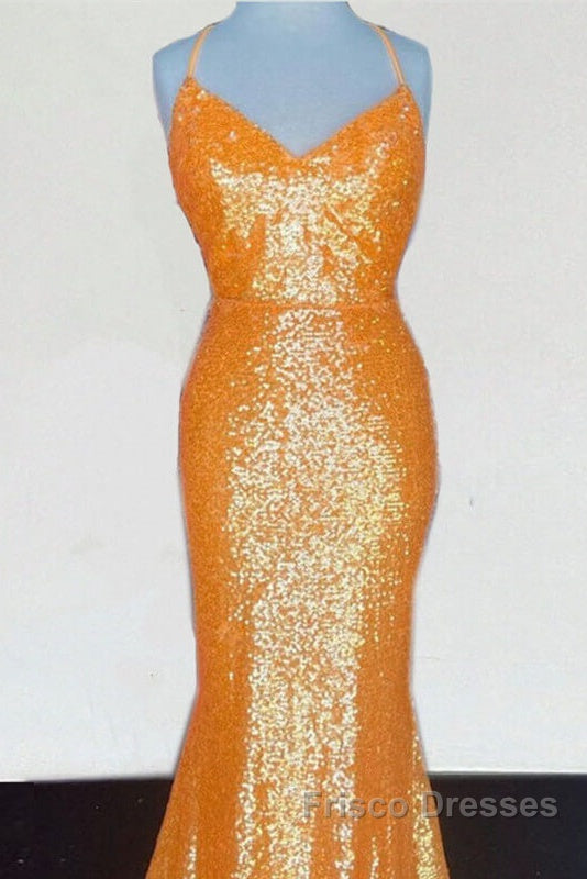 Mermaid Orange Sequin V Neck Dress