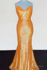 Mermaid Orange Sequin V Neck Dress