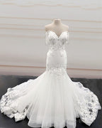 Mermaid Organza Wedding Dress Ruffles Off Shoulder Embroidery