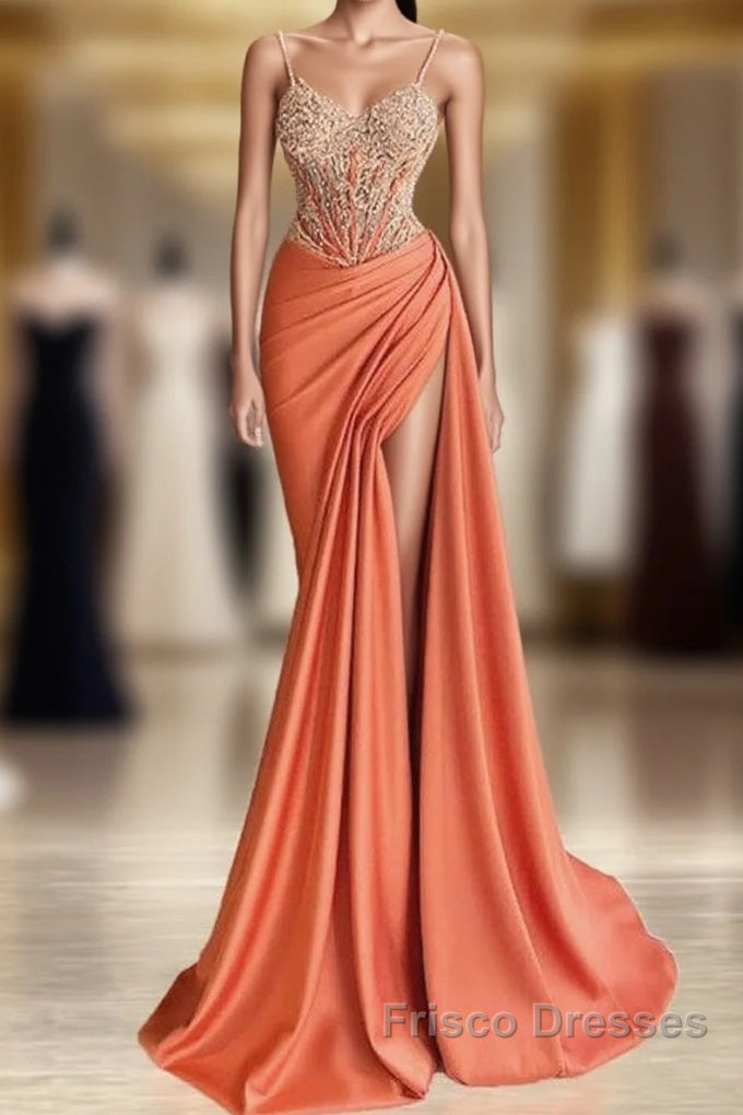 Mermaid Peach Formal Prom Dress Appliques With Slit