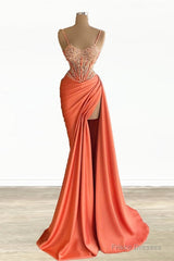 Mermaid Peach Prom Dresses Appliques With Slit