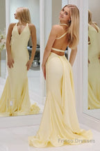 Mermaid Pink V Neck Backless Satin Long Prom Dress