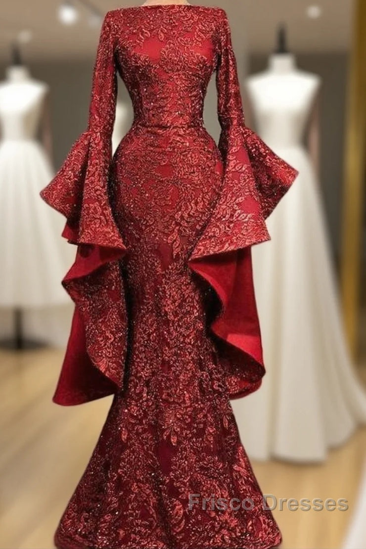 Mermaid Red Long Formal Prom Dress, Sequin Formal Dress