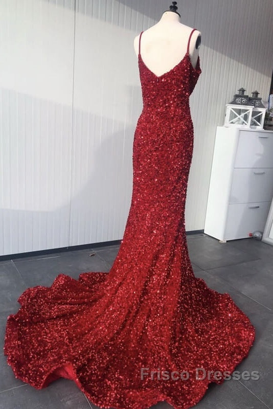 Mermaid Red Spaghetti Straps Velvet Sequin Formal Prom Dress Secondary image