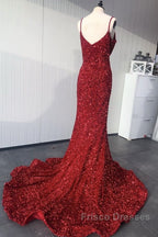 Mermaid Red Spaghetti Straps Velvet Sequin Formal Prom Dress