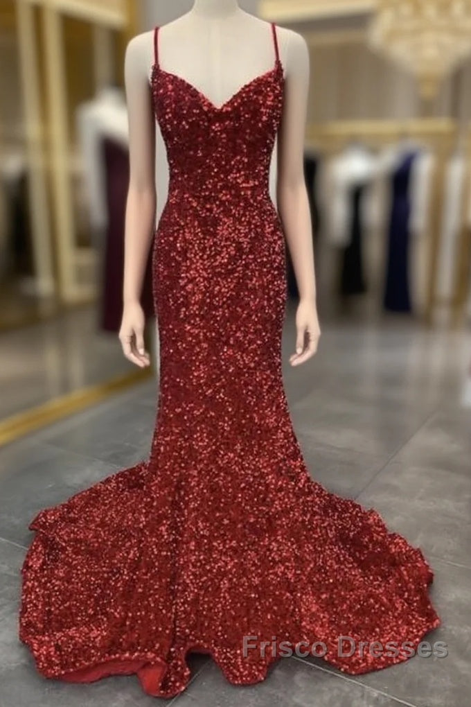 Mermaid Red Spaghetti Straps Velvet Sequin Formal Prom Dress