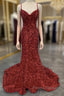 Mermaid Red Spaghetti Straps Velvet Sequin Formal Prom Dress