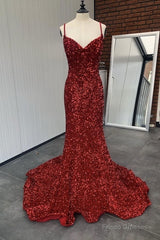 Mermaid Red Spaghetti Straps Velvet Sequin Prom Dress