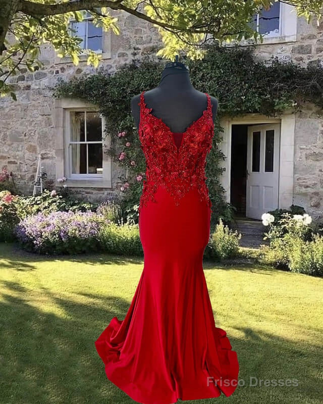 Mermaid Red V-Neck Satin Dress With 3D Flowers