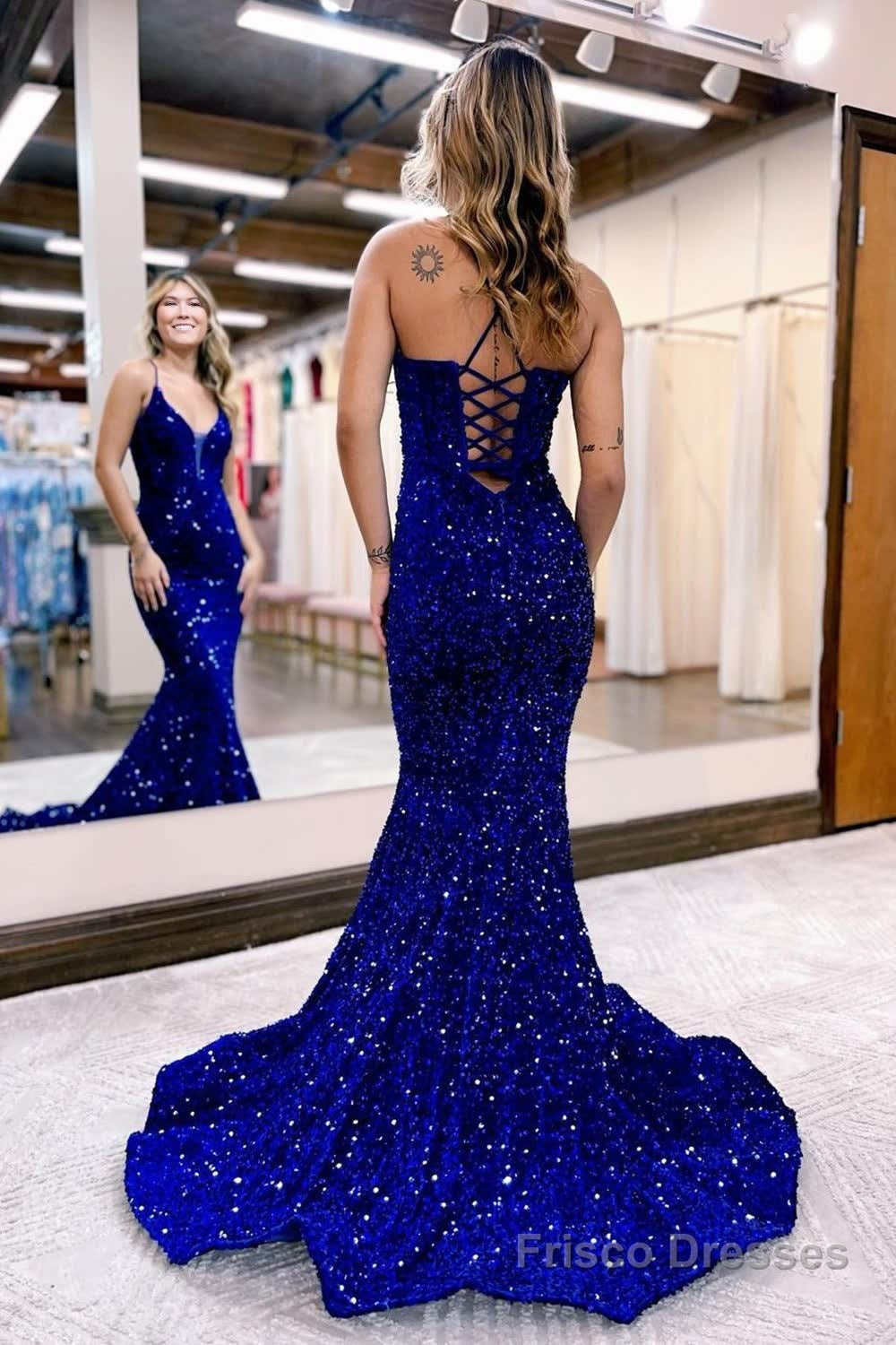 Mermaid Royal Blue Spaghetti Straps Sequins Long Prom Dress Secondary image