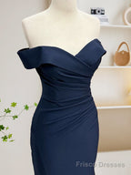 Mermaid Satin Dark Blue Long Prom Dress, Dark Blue Long Formal Dress