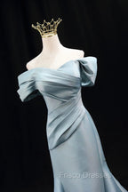 Mermaid Satin Floor Length Formal Prom Dress, Blue Off The Shoulder Evening Party Dress