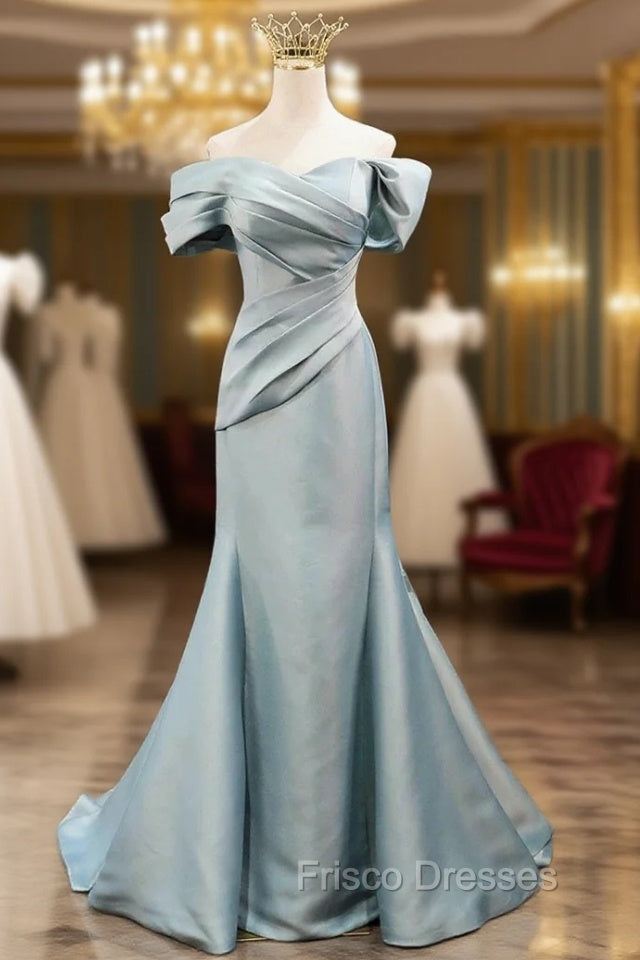 Mermaid Satin Floor Length Formal Prom Dress, Blue Off The Shoulder Evening Party Dress Main image