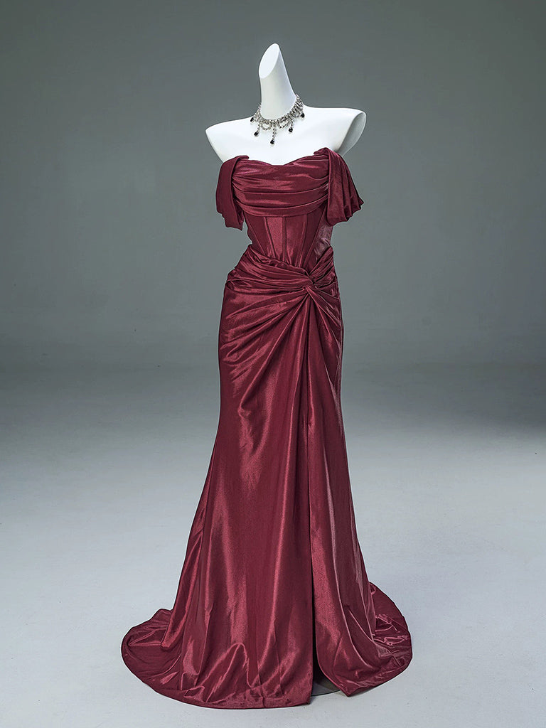 Mermaid Satin Off Shoulder Sweep Train Burgundy Prom Dress Main image