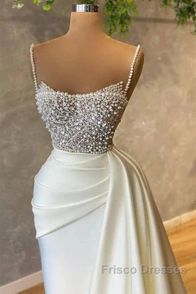 Mermaid Satin Spaghetti Strap Sweetheart Sequined Beaded Long Formal Prom Dress Gorgeous Evening Dress