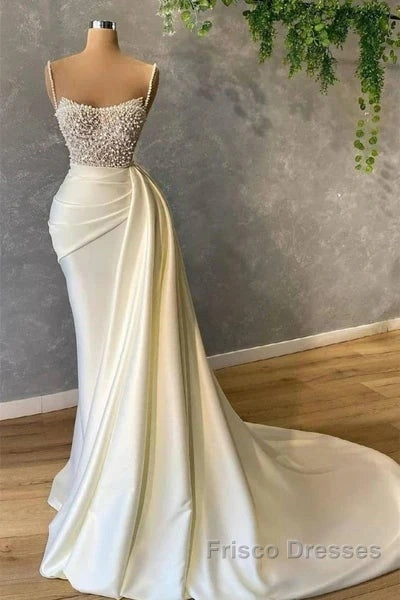 Mermaid Satin Spaghetti Strap Sweetheart Sequined Beaded Long Formal Prom Dress Gorgeous Evening Dress