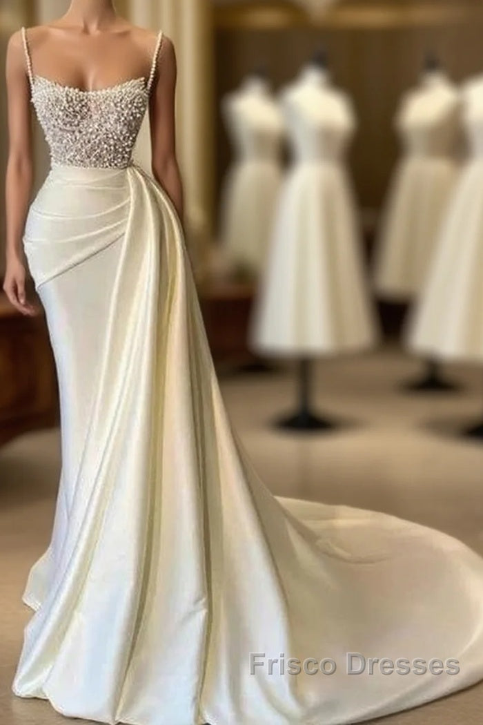 Mermaid Satin Spaghetti Strap Sweetheart Sequined Beaded Long Formal Prom Dress Gorgeous Evening Dress Main image
