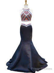 Mermaid Scoop Beaded Backless Black Two Piece Prom Dress