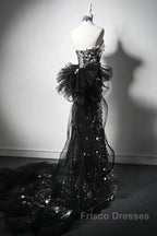 Mermaid Sequin Tulle Black Long Formal Prom Dress, Black Long Formal Dress